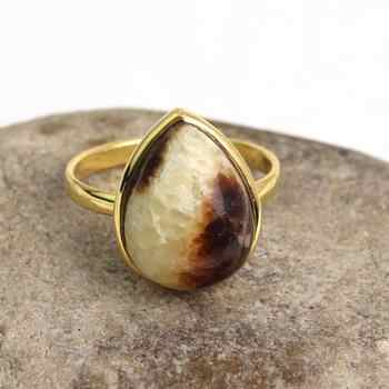 Superb Solid 925 Sterling Silver Natural Septarian Pear Shape Gemstone 18k Gold Plated Bezel Setting Handmade Ring for Women