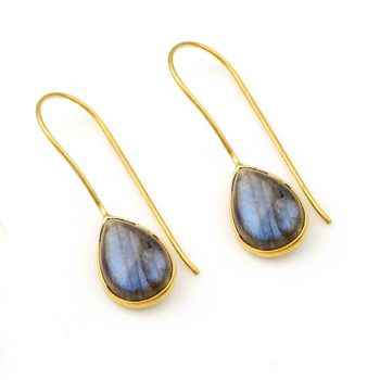 High Quality Solid 925 Sterling Silver 18k Gold Plated Natural Blue Fire Labradorite 10x16mm Bezel Setting Drop Dangle Earring