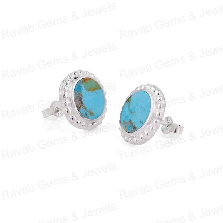 Top Selling 9mm Mohave Arizona Turquoise Gemstone Handmade 925 Silver Rhodium Plated Designer Boho Stud Earrings Navajo Jewelry
