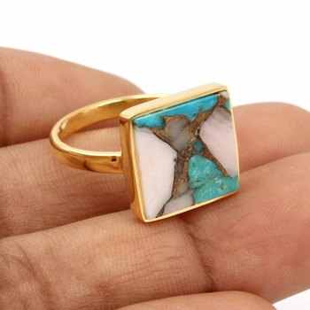 Women's Fine Jewelry-Solid 925 Sterling Silver 18K Gold-Plated Mohave Turquoise Pink Opal Copper Square 12mm Bezel Setting Ring