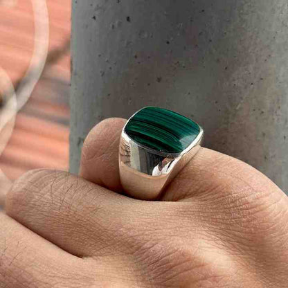 925 Sterling Silver Natural Malachite Cushion Shape 10x15mm Flat Bezel Setting Classical Men's Signet Ring Handmade Jewelry