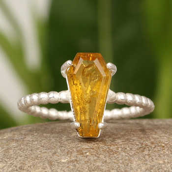 Super Quality Handmade 925 Sterling Silver Ring for Women Genuine Citrine Gemstone Coffin Shape Prong Setting Rhodium Fine Ring