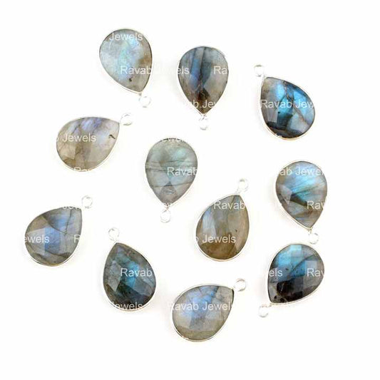 Top Selling Genuine Blue Flashy Labradorite 12x16mm Tear Drop Pear Silver Bezel Charms Connector Pendant for Necklace & Bracelet