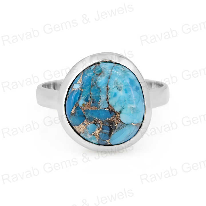 Top Selling 12x13mm Mohave Blue Copper Turquoise High Polished 925 Silver Bezel Organic Shape Dainty Women Ring Navajo Jewelry