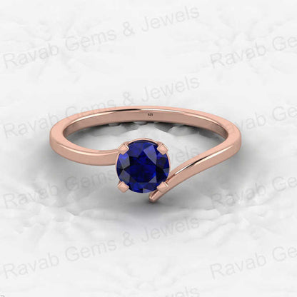 Top Quality 925 Sterling Silver 5mm Round Cut Blue Sapphire Hydro Vermeil Eternity Prong Setting Solitaire Bypass Ring for Women