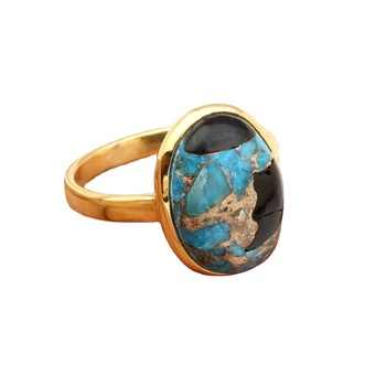 Best Selling Solid 925 Sterling Silver Blue Black Copper Kingman Turquoise 12x16mm Bezel Setting Ring for Women Handmade Jewelry