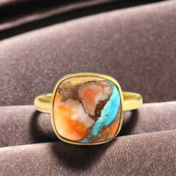 12mm Mohave Turquoise Spiny Oyster 18K Gold Plated Dainty Boho Designer Cushion Ring Fine Sterling Silver Her Gemstone Ring
