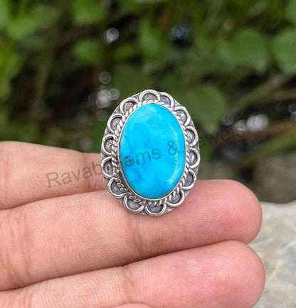 Best Quality Solid 925 Sterling Silver Natural Blue Arizona Turquoise Women's Oxidized Cocktail Ring Handmade Fine Craftsmanship