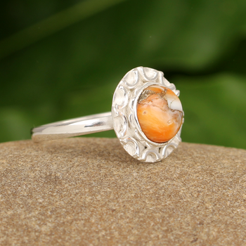 New Arrival 10mm Solid 925 Sterling Silver Wedding Ring Genuine Orange Spiny Oyster Turquoise Shape Handmade for Women
