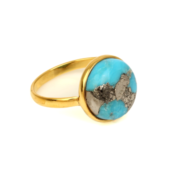 Handmade 18K Gold Plated Ring for Women Pure Sterling Silver 12mm Pyrite Blue Copper Turquoise Gemstone Bezel Set Fine Jewelry