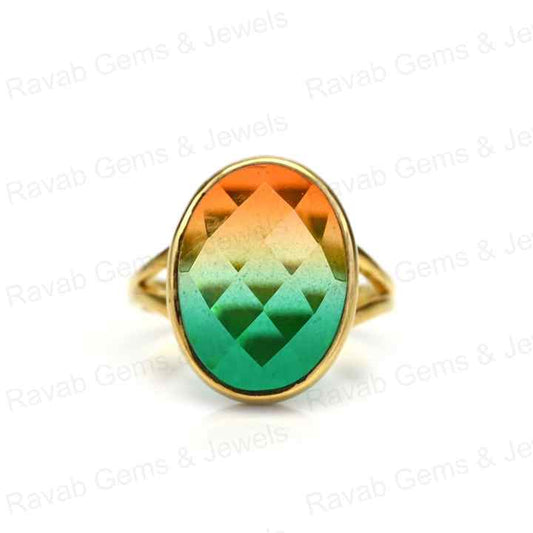 New Arrival Bio Color Tourmaline 925 Sterling Silver & 18K Gold Plated Ring 10x14mm Oval Shape Bezel Setting for Women