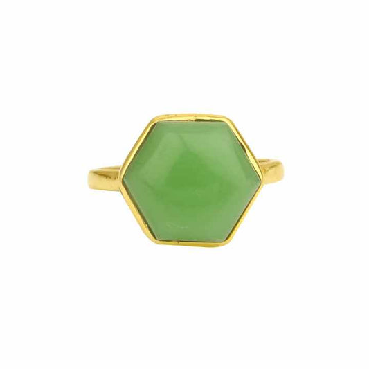 Best Selling Beautiful Natural Smooth Green Chalcedony Gemstone Bezel 18k Gold Plated 925 Silver Hexagon Dainty Ring for Women