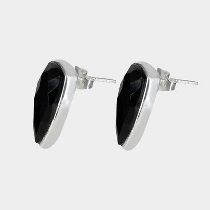 Top Quality Solid 925 Sterling Silver Natural Black Onyx Checker Cut 10x20mm Bezel Setting Pear Shape Stud Earring for Women