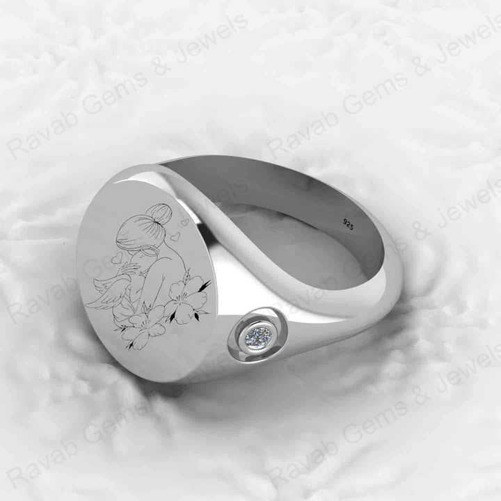 New Arrival Solid 925 Sterling Silver Engraved Style CZ Mother Holding Baby Signet Ring for Men's Fine Handmade Jewelry