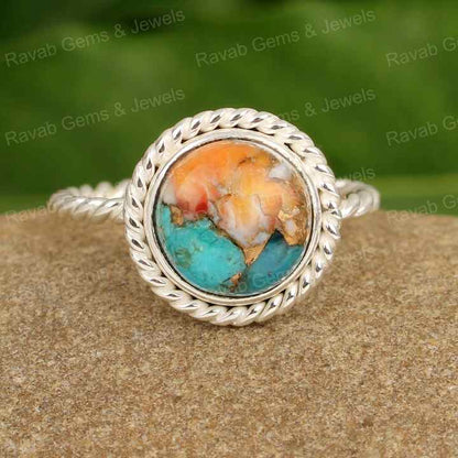 Best Quality Genuine Mix Spiny Oyster Turquoise Round Shape 12mm Solid 925 Sterling Silver Twisted Women Handmade Ring