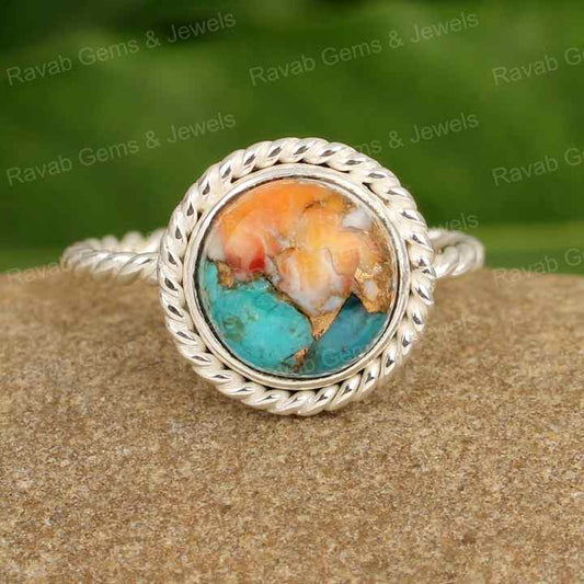 Best Quality Genuine Mix Spiny Oyster Turquoise Round Shape 12mm Solid 925 Sterling Silver Twisted Women Handmade Ring