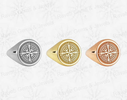 Christmas Sale Solid 925 Sterling Silver Retro Compass Engraving Signet Ring for Women & Men Fine Handmade Unique Fine Gifts