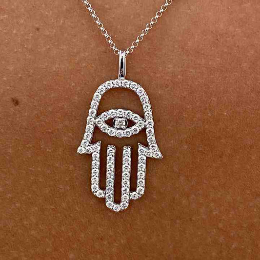 New Arrival Genuine 925 Sterling Silver Lab-Diamond Round Cut Hamsa Design Chain Necklace For Women's Mother's Day Jewelry