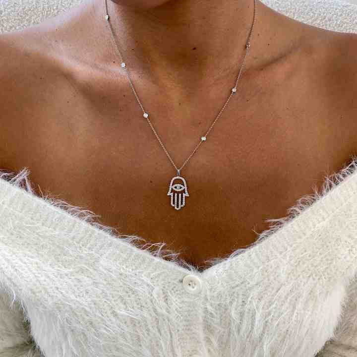 New Arrival Genuine 925 Sterling Silver Lab-Diamond Round Cut Hamsa Design Chain Necklace For Women's Mother's Day Jewelry