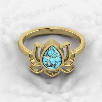 Best Selling 18K Gold Plated Genuine 6x8mm 925 Silver Blue Copper Turquoise Lotus Flower Ring for Women Fine Jewelry