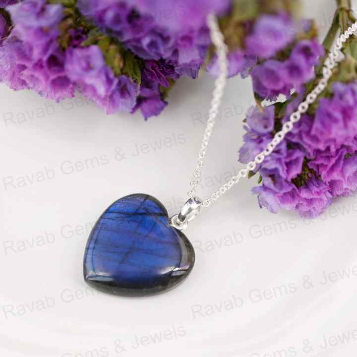 Hot Selling Mother's Day Sale 20mm Puffy Heart Natural Blue Fire Labradorite Handmade 925 Silver Pendant Necklace Fine Jewelry