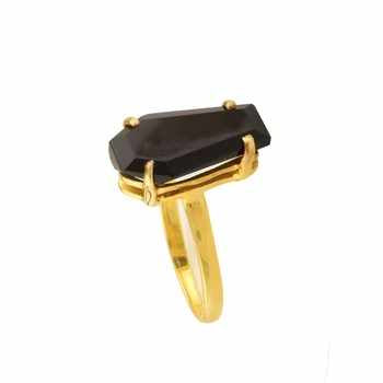 Top Selling 10x17mm Natural Black Onyx Gemstone Minimalist Gold-Plated 925 Sterling Silver Coffin Shape Ring Women Fine Jewelry
