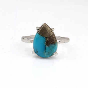 Best Selling 10x14mm Natural Pyrite Turquoise Gemstone Band Ring Fine Sterling Silver Prong Setting Jewelry for Women