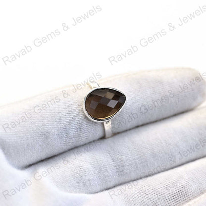 Best Quality Solid 925 Sterling Silver Smoky Quartz Pear Shape Checker Cut Ring for Women Fine Handmade Daily Wear Jewelry