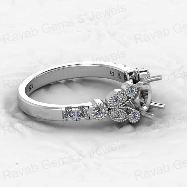 Solid 925 Silver 6mm Pave CZ Diamond Semi Mount Top Quality Filigree Open Blank Ring Prong Setting Memorial Jewelry DIY Findings