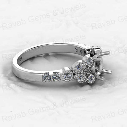 Solid 925 Silver 6mm Pave CZ Diamond Semi Mount Top Quality Filigree Open Blank Ring Prong Setting Memorial Jewelry DIY Findings