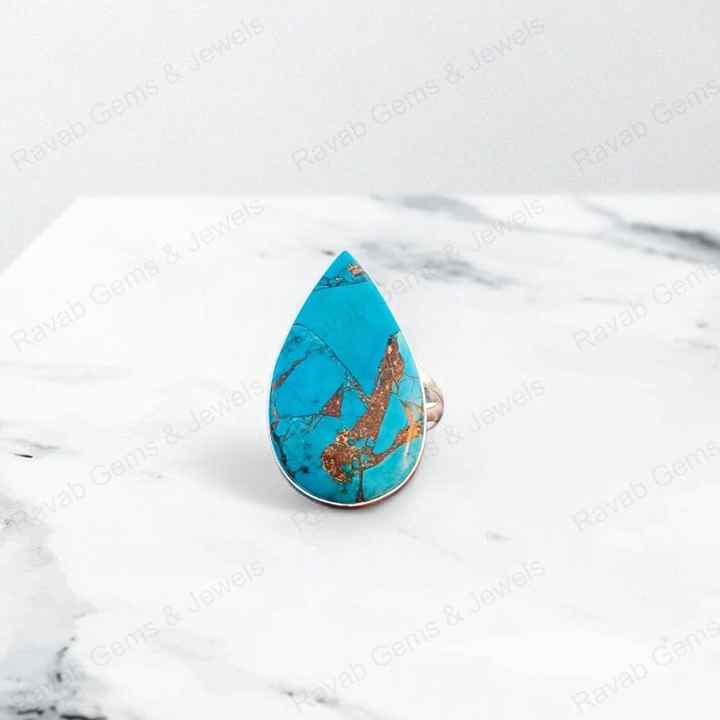 Top Quality Solid 925 Sterling Silver Natural Blue Copper Turquoise Pear 16x22mm Bezel Setting Women Wedding Ring Christmas