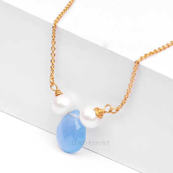 2024 Latest Design Natural Freshwater Pearl & Blue Chalcedony Gemstone Bezel 18k Gold Plated Silver Chain Necklace for Women