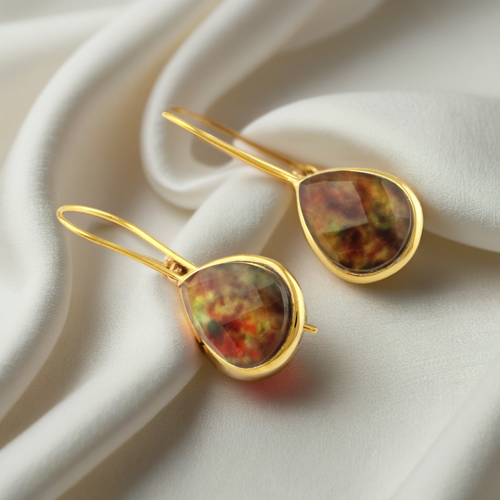 Best Quality Solid 925 Sterling Silver Natural Ammonite Checker Cut Pear 12x16mm 18k Gold Plated Drop Dangle Earring for Women