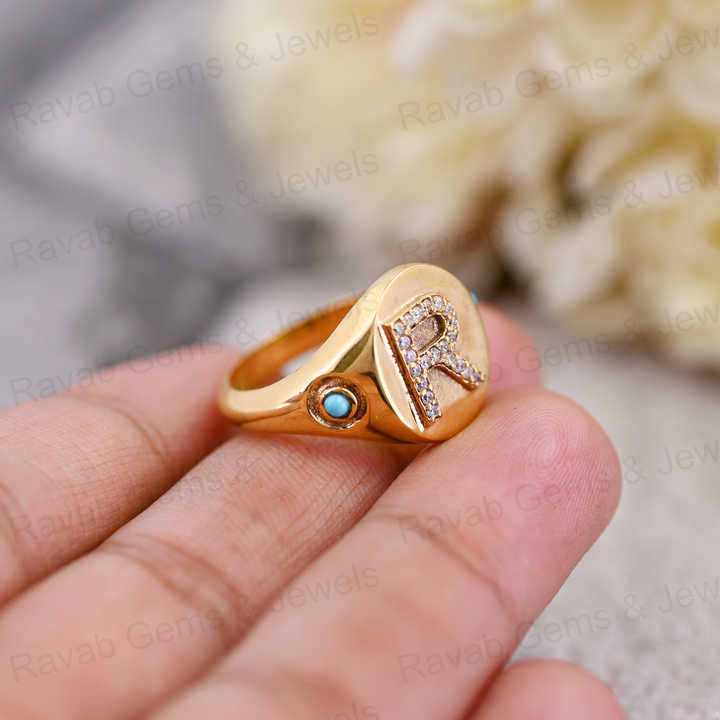 Best Selling 925 Silver CZ Diamond With Turquoise Initial Letter Personalized Solomon Signet Oval Men's Pinky Ring Fine Jewelry