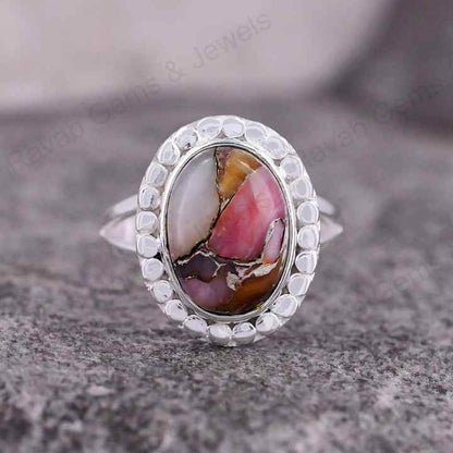 Handmade 925 Silver Designer Bezel Ring Mohave Pink Opal Copper Cabochon Gemstone 10x14mm Solid Rhodium Plated Fine Jewelry
