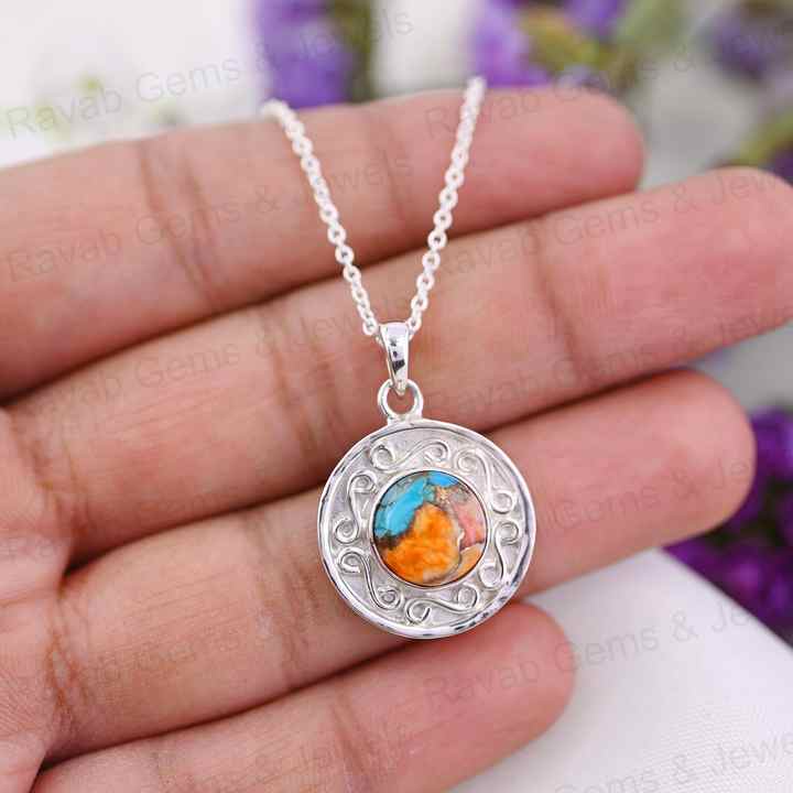 Handmade 10mm Spiny Oyster Copper Turquoise Gemstone Rhodium 925 Silver Designer Boho Women Pendant Necklace Fine Navajo Jewelry