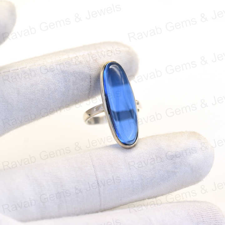 Top Selling Solid 925 Sterling Silver Blue Sapphire Quartz 10x30mm Long Oval Bezel Setting Ring for Women Fine Handmade Jewelry