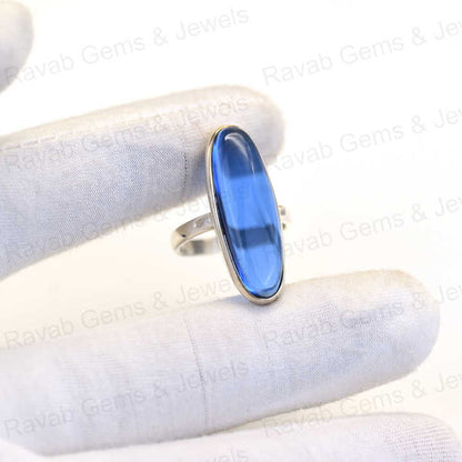 Top Selling Solid 925 Sterling Silver Blue Sapphire Quartz 10x30mm Long Oval Bezel Setting Ring for Women Fine Handmade Jewelry