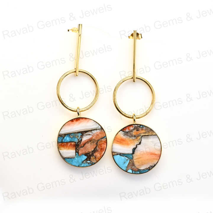 Top Quality Solid 925 Sterling Silver 10mm Natural Spiny Oyster Round Flat Smooth 18k Gold Plated Dangle Drop Earring for Women