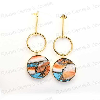 Top Quality Solid 925 Sterling Silver 10mm Natural Spiny Oyster Round Flat Smooth 18k Gold Plated Dangle Drop Earring for Women