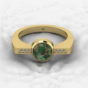 Top Quality Genuine 18K Gold Plated 7mm 925 Silver Emerald Copper Round Gemstone Cubic Zircon Bezel CZ Ring for Women Jewelry