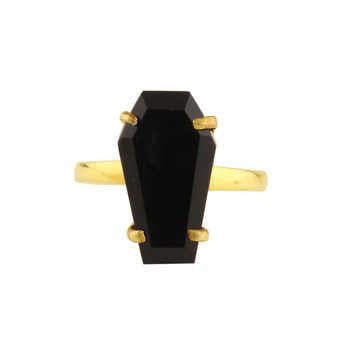 Top Selling 10x17mm Natural Black Onyx Gemstone Minimalist Gold-Plated 925 Sterling Silver Coffin Shape Ring Women Fine Jewelry