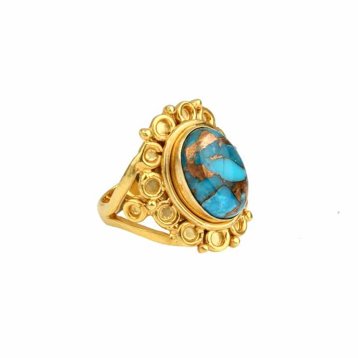 Mohave Kingman Blue Copper Turquoise Bezel Set 18K Gold Plated Pure 925 Silver Designer 10x14mm Oval Shape Ring for Her