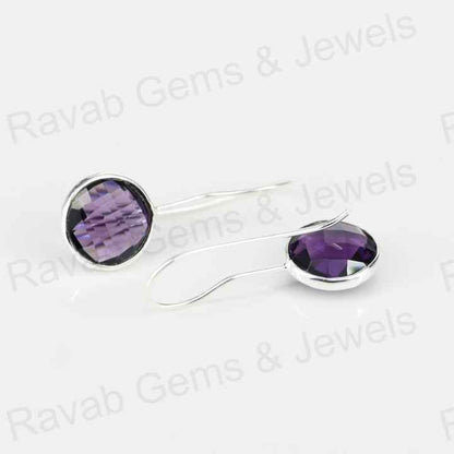 Top Quality Solid 925 Sterling Silver Amethyst Quartz 10mm Round Checker Cut Dangle Drop Earring for Women Fine Handmade Jewelry