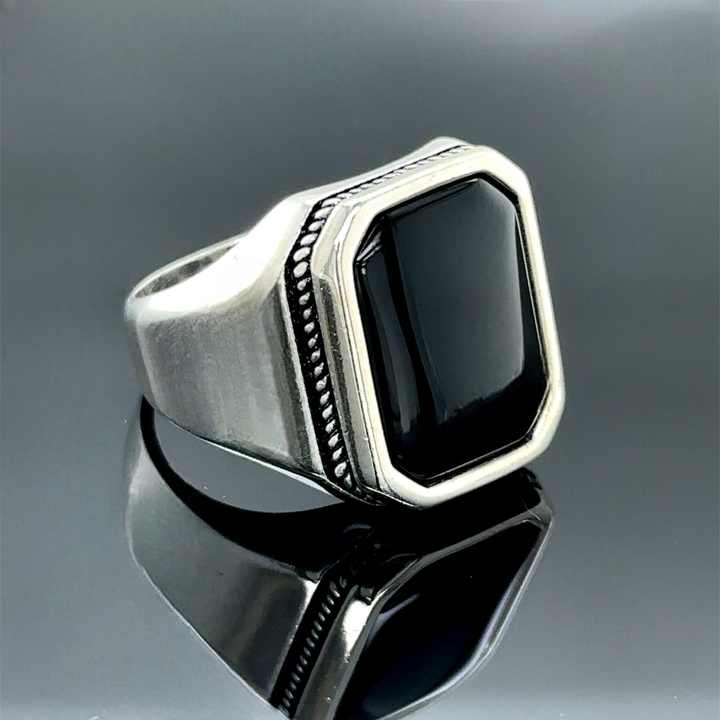 Classic Natural Black Onyx Cabochon Octa Cushion 12x16mm Bezel Setting Solid 925 Sterling Silver Mens Fine Signet Ottoman Ring
