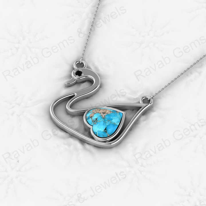 Hot Selling 925 Sterling Silver 10mm Pyrite Turquoise Heart Swan Bird Design Pendant Necklace High Quality Women's Fine Jewelry