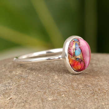 Genuine Mohave Mix Oyster Copper Turquoise 8x12mm Ring Women Solid 925 Sterling Silver Handmade Oval Shape Fine Gemstone Jewelry