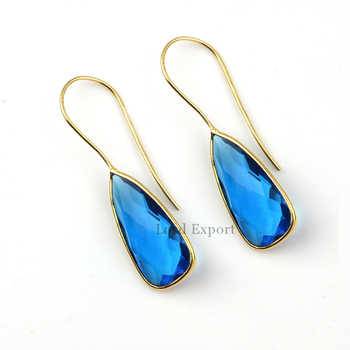 Best Selling 18K Gold Plated Genuine 925 Sterling Silver Drop Earrings London Blue Hydro Quartz Stone Fine Dangle Jewelry Women