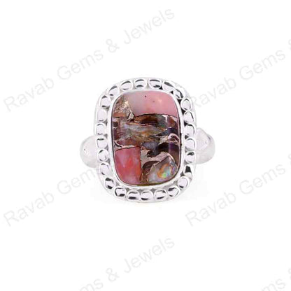Hot Selling Designer Beaded Cushion Bezel Ring 12x16mm Mohave Pink Copper Opal Solid 925 Sterling Silver Handmade Fine Jewelry