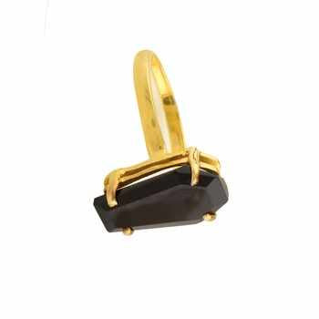 Top Selling 10x17mm Natural Black Onyx Gemstone Minimalist Gold-Plated 925 Sterling Silver Coffin Shape Ring Women Fine Jewelry
